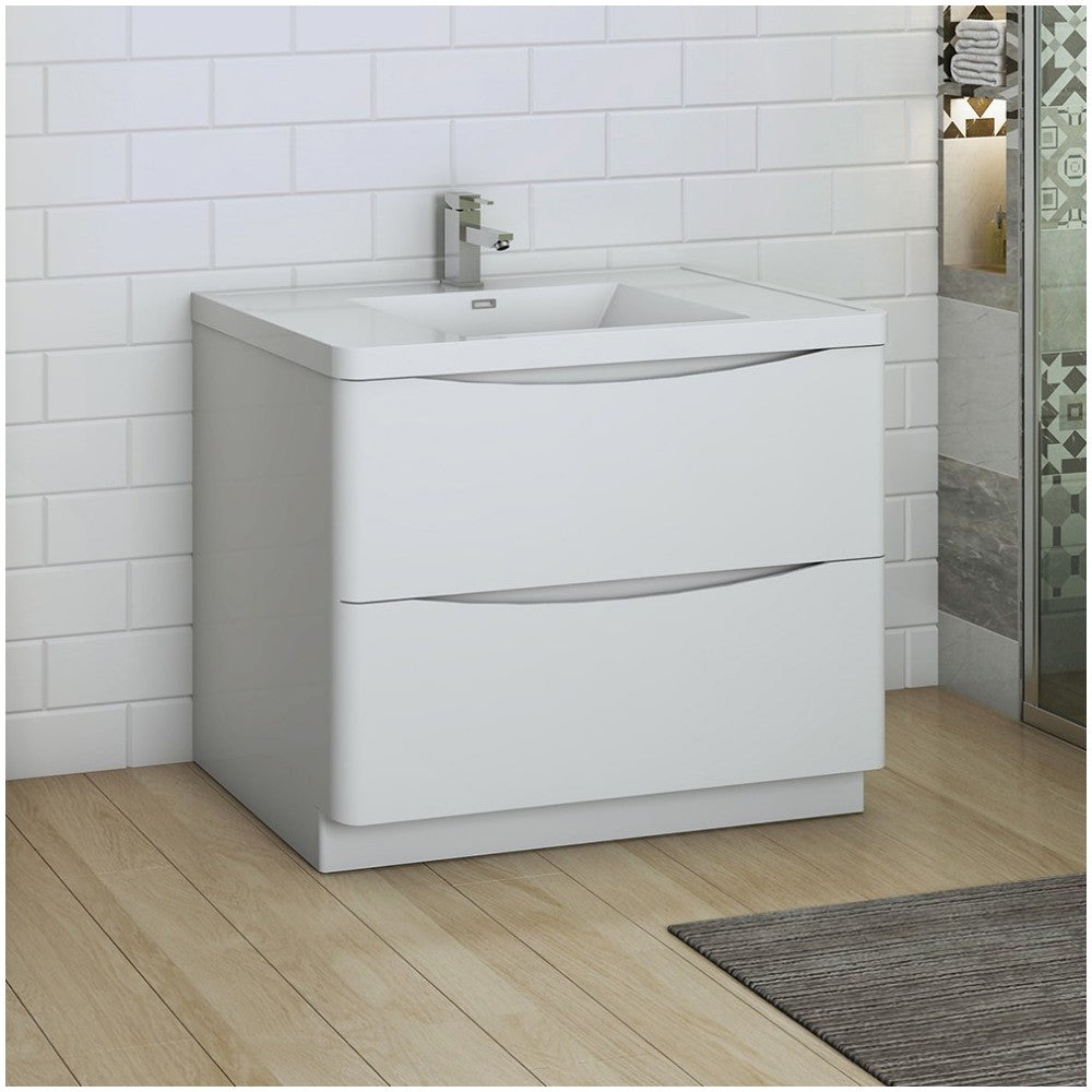 Tuscany 40 Glossy White Free Standing Modern Bathroom Cabinet w/ Integrated Sink