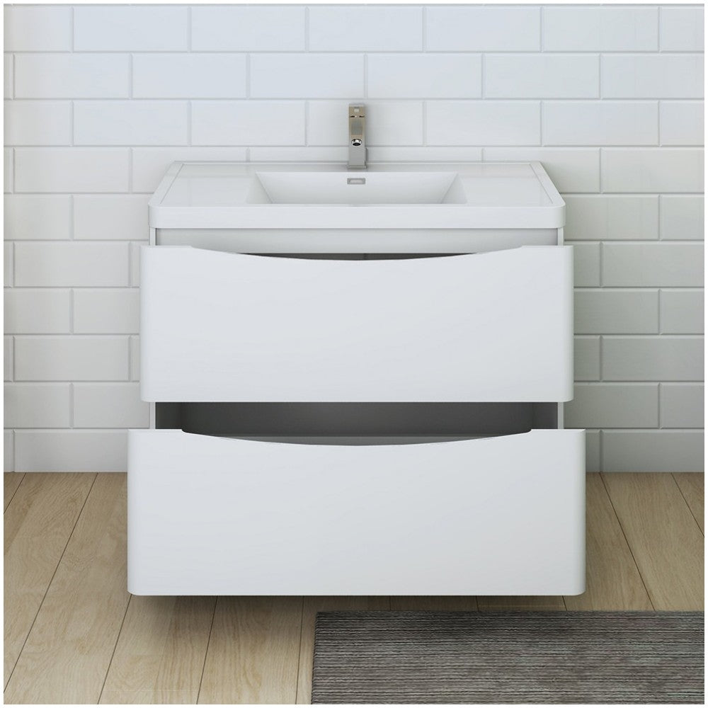 Tuscany 40 Glossy White Free Standing Modern Bathroom Cabinet w/ Integrated Sink