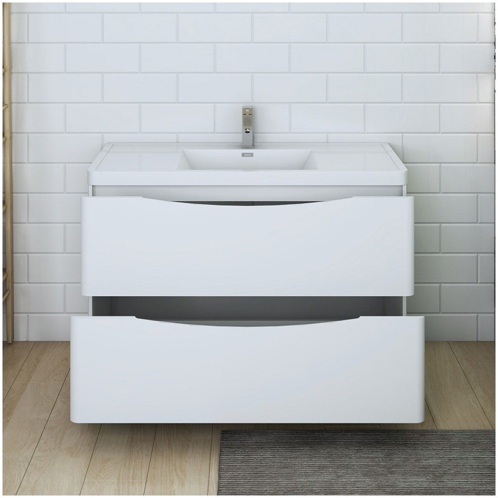 Tuscany 48 Glossy White Free Standing Modern Bathroom Cabinet w/ Integrated Sink