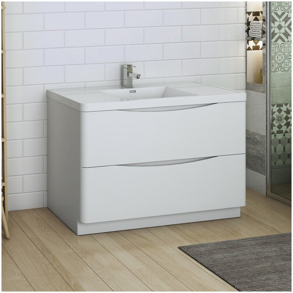 Tuscany 48 Glossy White Free Standing Modern Bathroom Cabinet w/ Integrated Sink