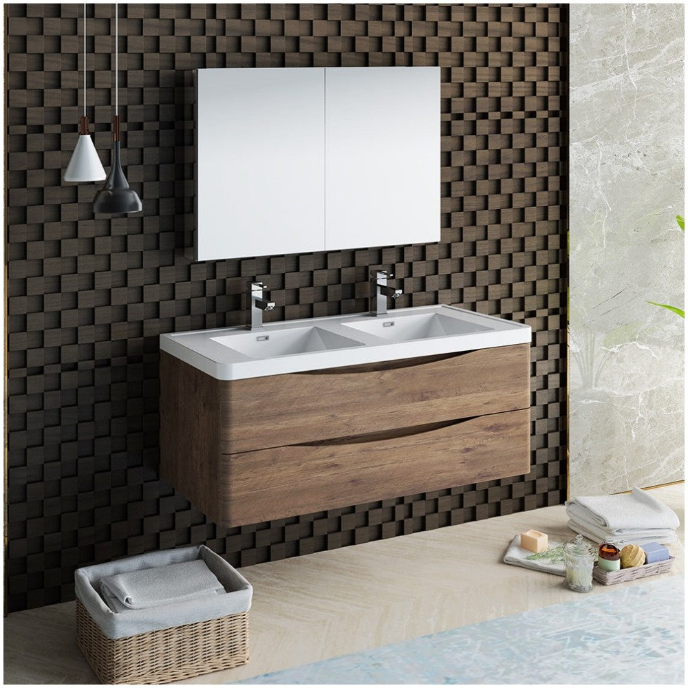 Tuscany 48 Rosewood Wall Hung Double Sink Bathroom Vanity w/ Medicine Cabinet