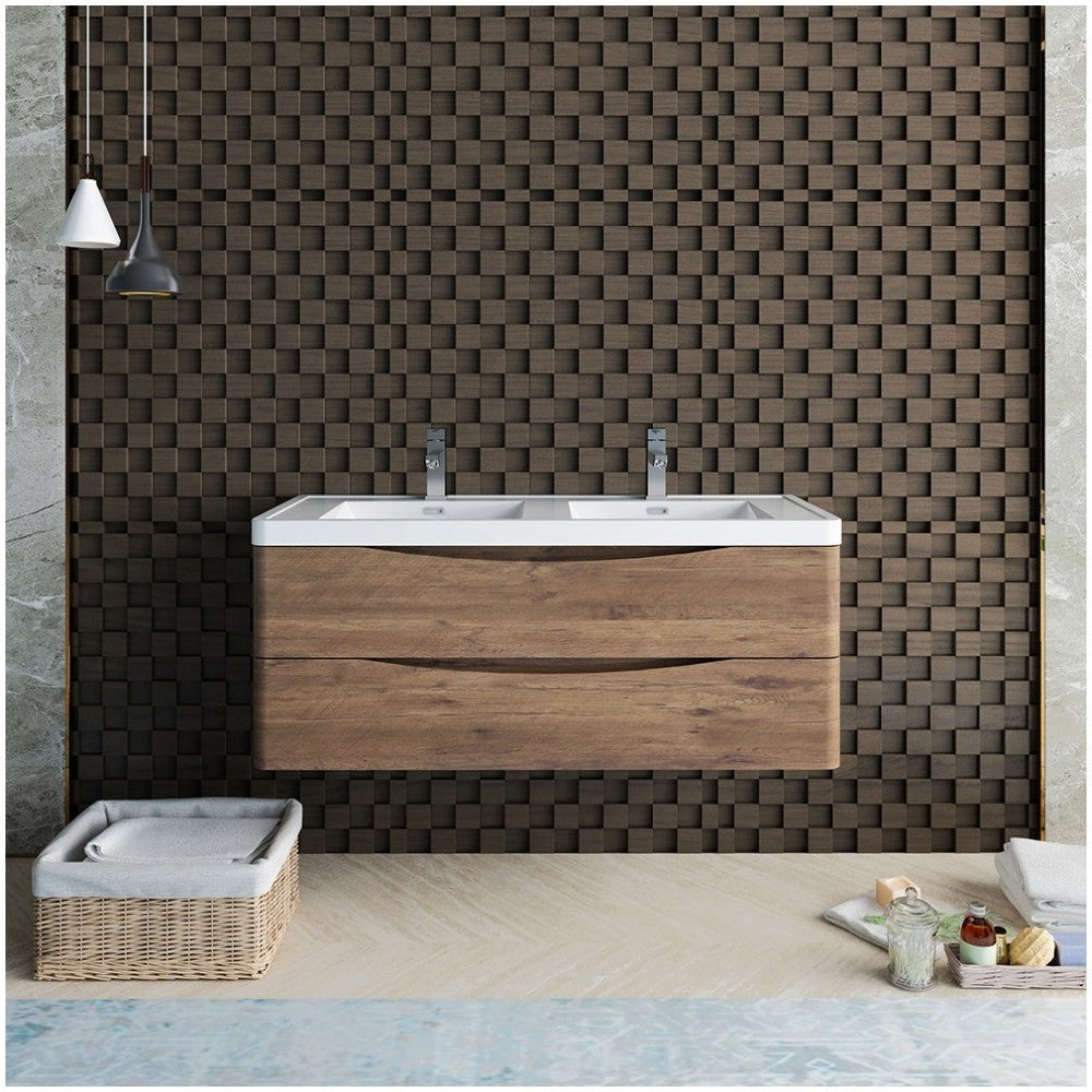 Tuscany 48" Rosewood Wall Hung Modern Bathroom Cabinet w/ Integrated Double Sink
