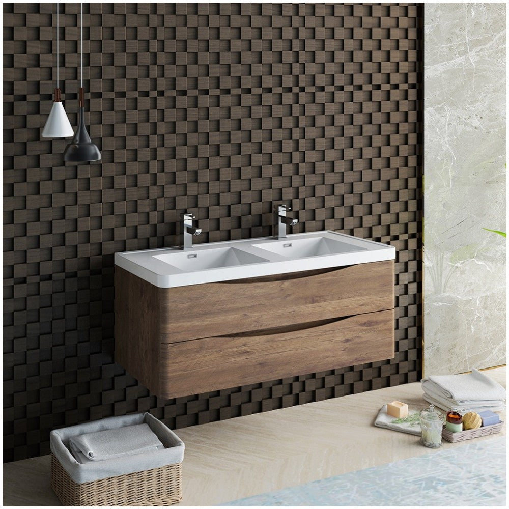 Tuscany 48" Rosewood Wall Hung Modern Bathroom Cabinet w/ Integrated Double Sink