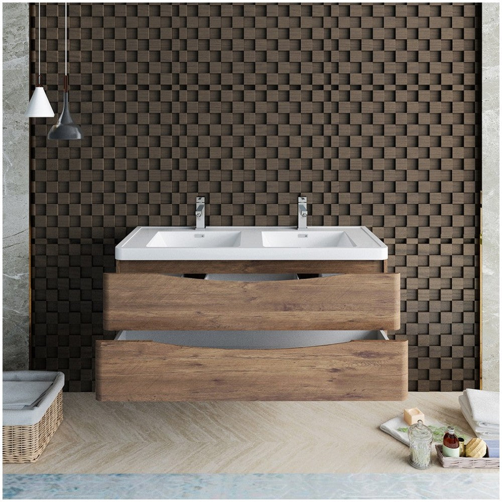 Tuscany 48" Rosewood Wall Hung Modern Bathroom Cabinet w/ Integrated Double Sink