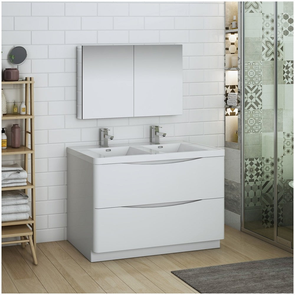 Tuscany 48 White Free Standing Double Sink Bathroom Vanity w/ Medicine Cabinet