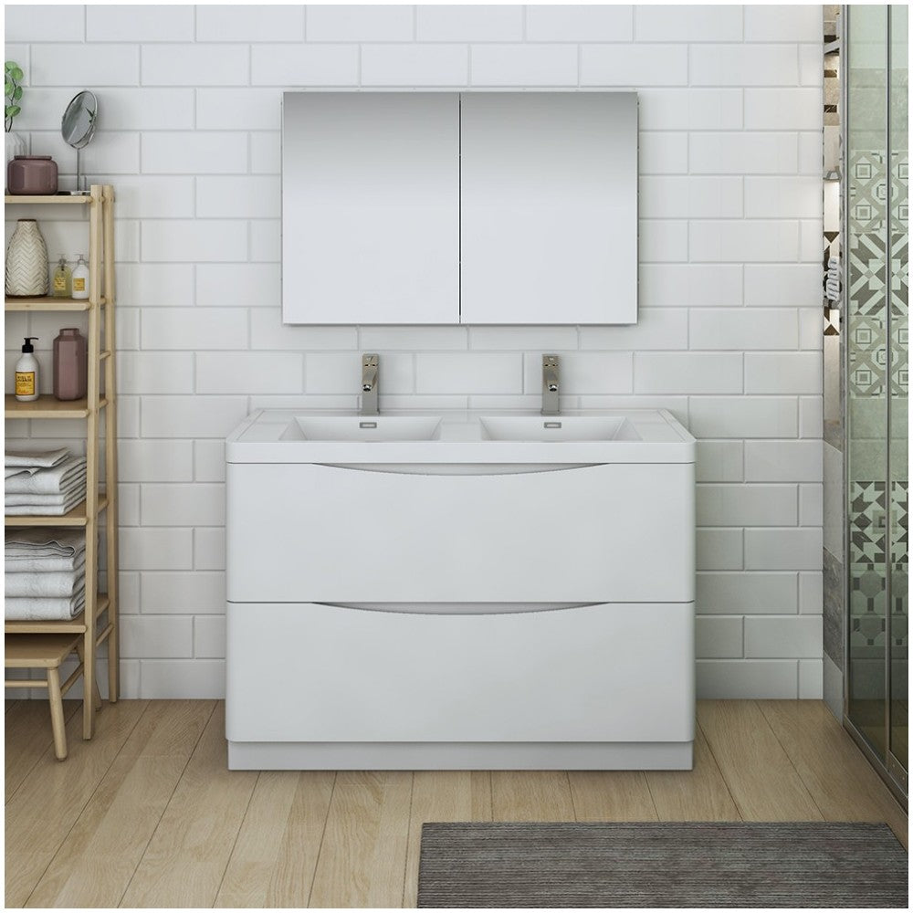 Tuscany 48 White Free Standing Double Sink Bathroom Vanity w/ Medicine Cabinet