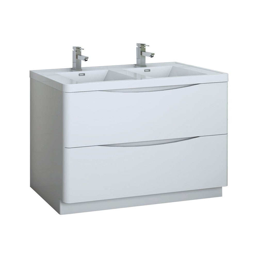 Tuscany 48 White Free Standing Modern Bathroom Cabinet w/ Integrated Double Sink
