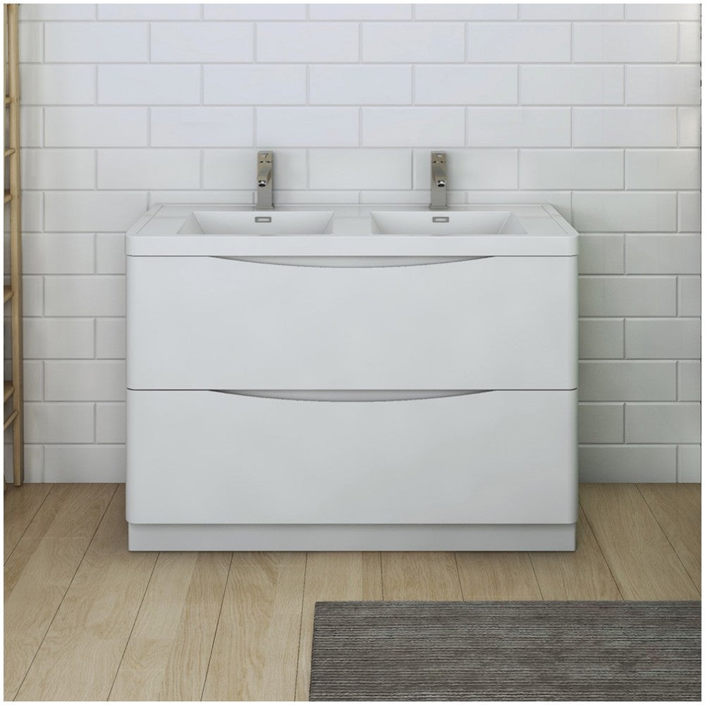 Tuscany 48 White Free Standing Modern Bathroom Cabinet w/ Integrated Double Sink