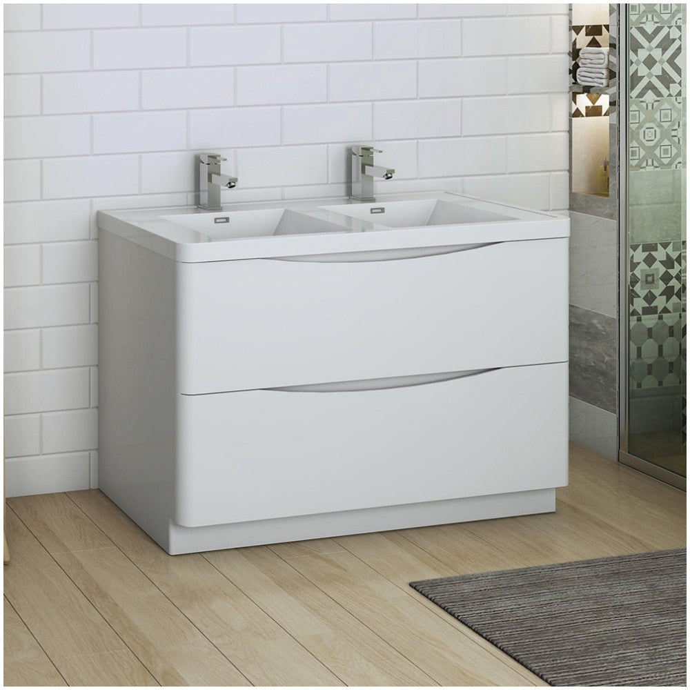 Tuscany 48 White Free Standing Modern Bathroom Cabinet w/ Integrated Double Sink