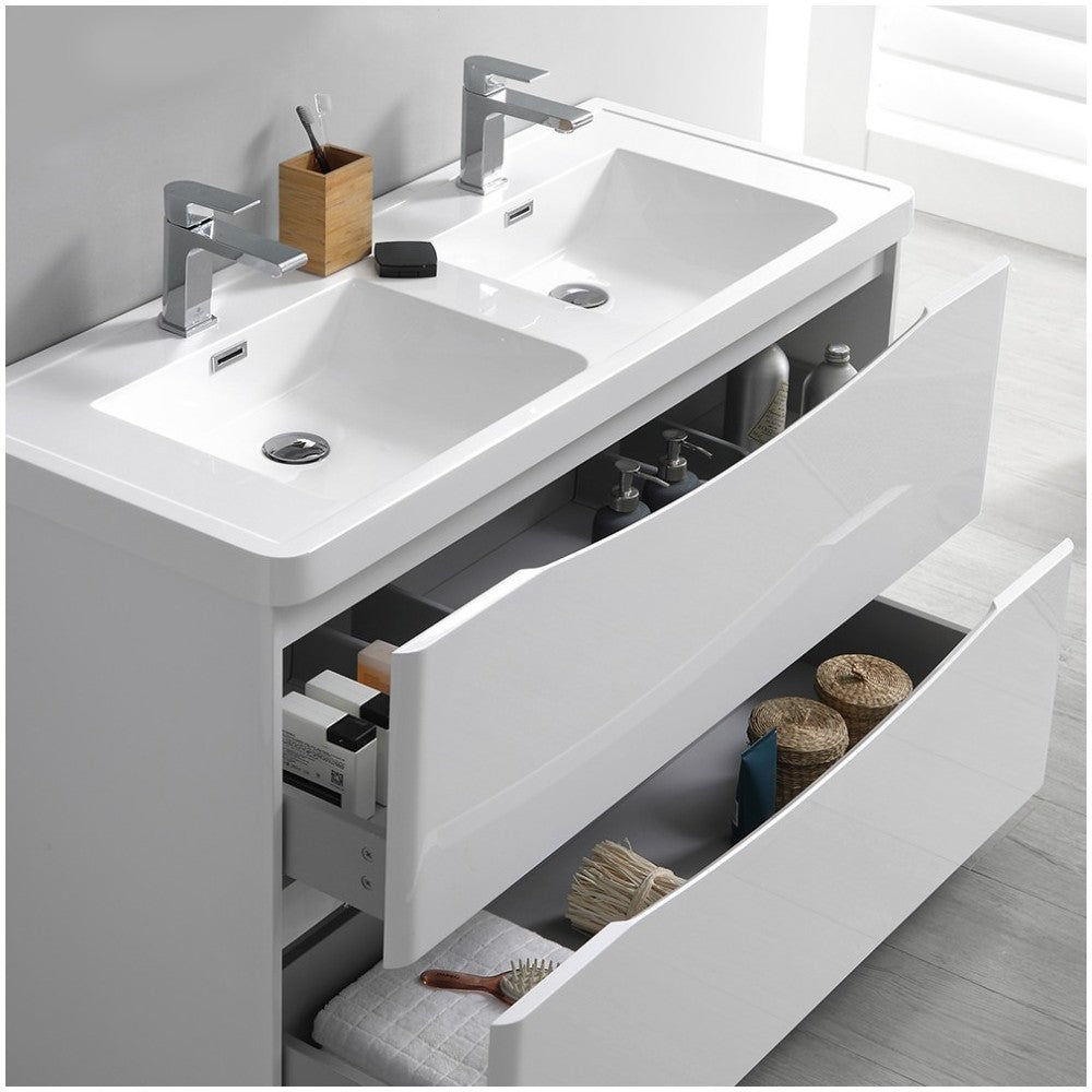 Tuscany 48 White Free Standing Modern Bathroom Cabinet w/ Integrated Double Sink