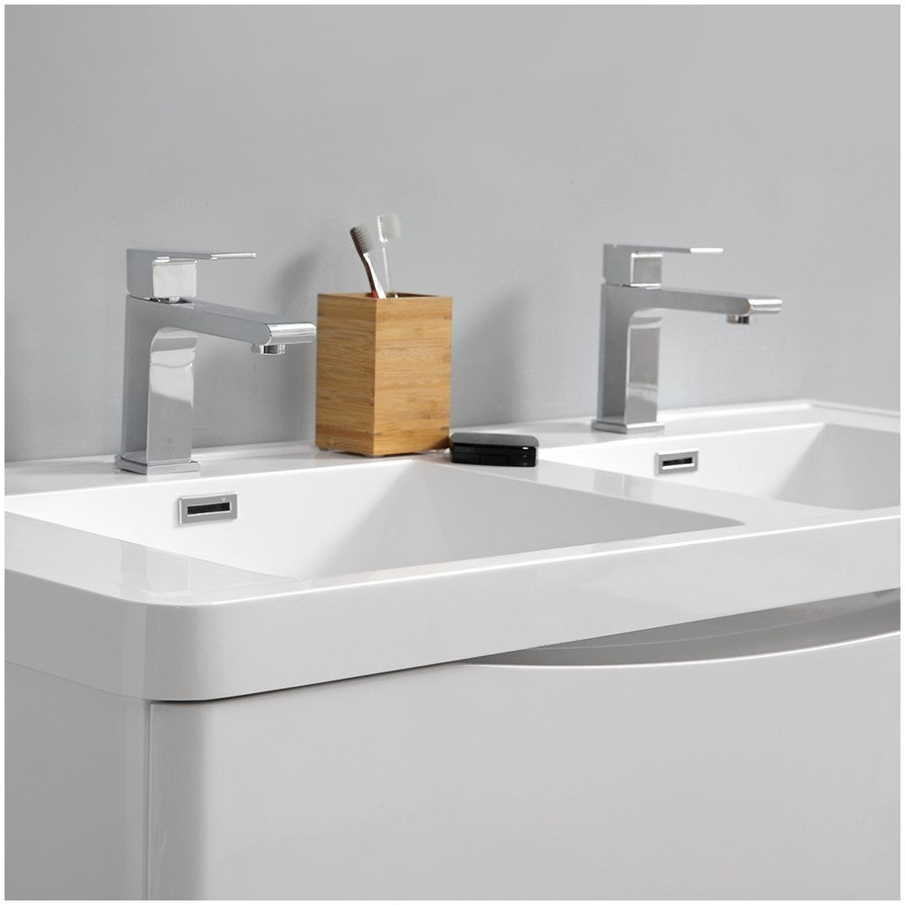 Tuscany 48 White Free Standing Modern Bathroom Cabinet w/ Integrated Double Sink