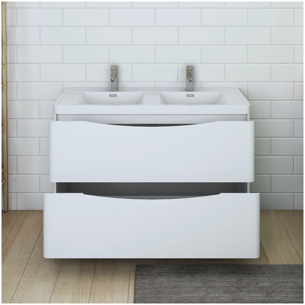 Tuscany 48 White Free Standing Modern Bathroom Cabinet w/ Integrated Double Sink