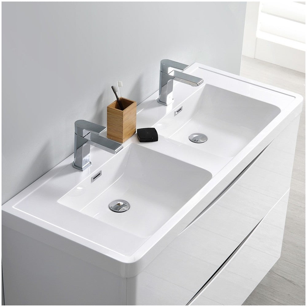 Tuscany 48 White Free Standing Modern Bathroom Cabinet w/ Integrated Double Sink