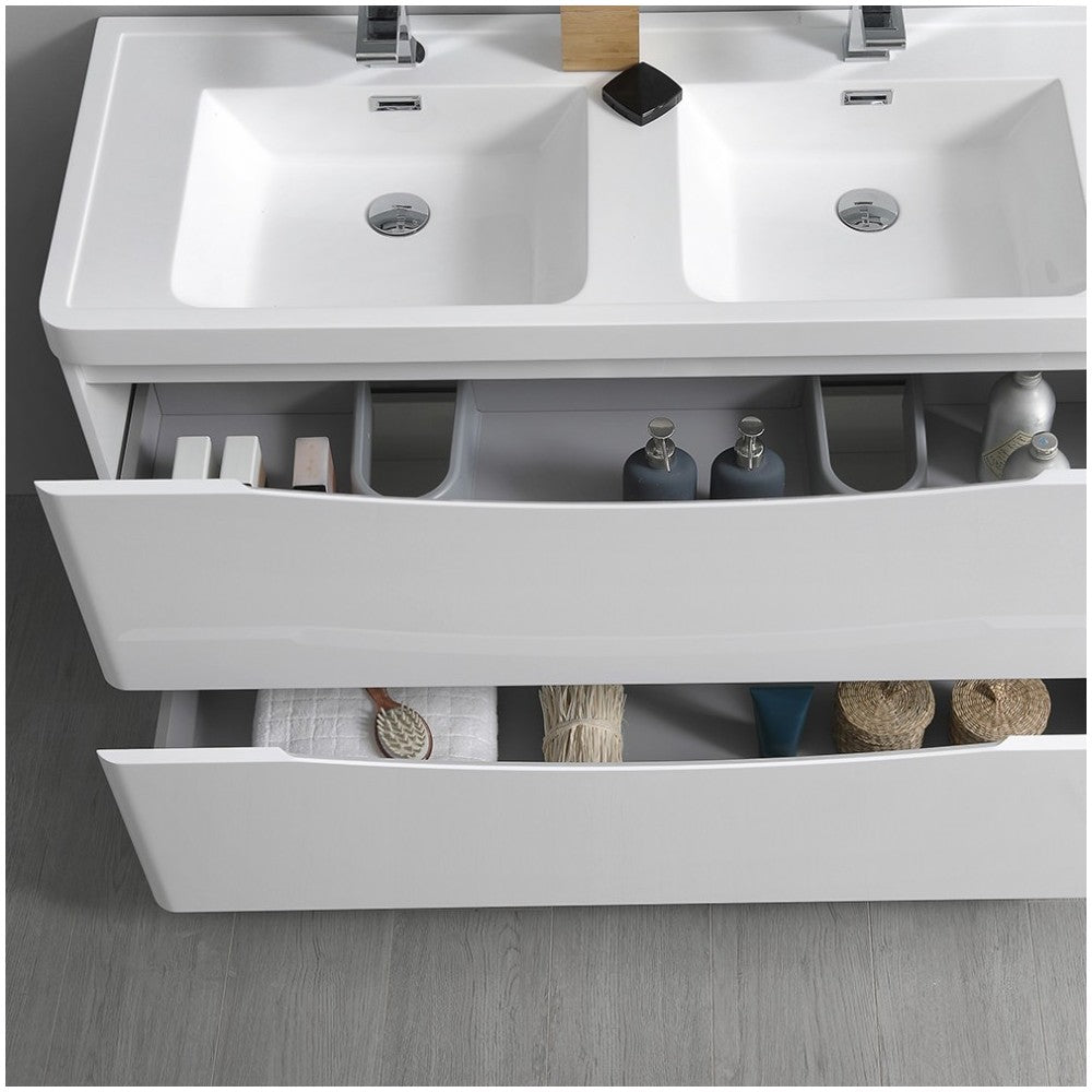 Tuscany 48 White Free Standing Modern Bathroom Cabinet w/ Integrated Double Sink