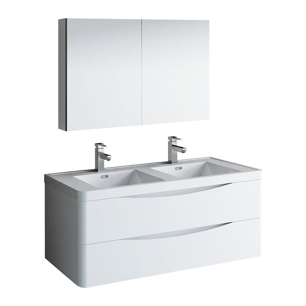 Tuscany 48 White Wall Hung Double Sink Bathroom Vanity w/ Medicine Cabinet