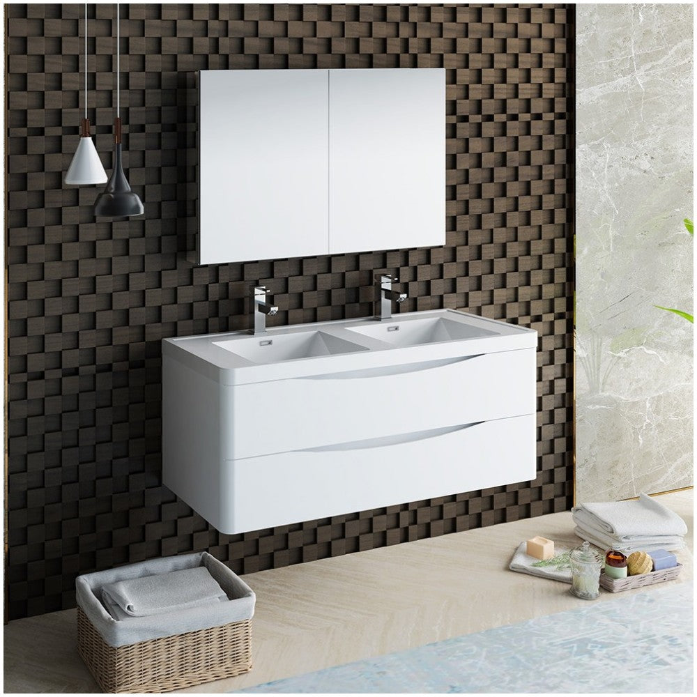 Tuscany 48 White Wall Hung Double Sink Bathroom Vanity w/ Medicine Cabinet