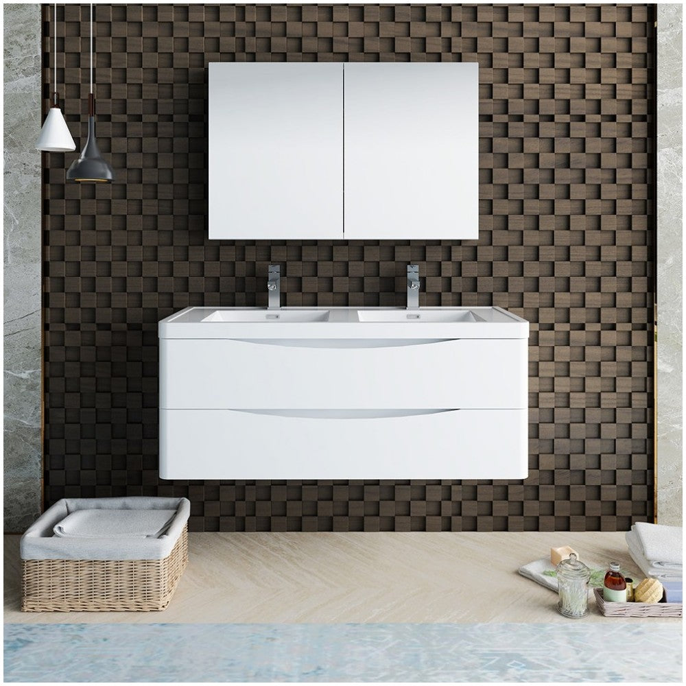 Tuscany 48 White Wall Hung Double Sink Bathroom Vanity w/ Medicine Cabinet