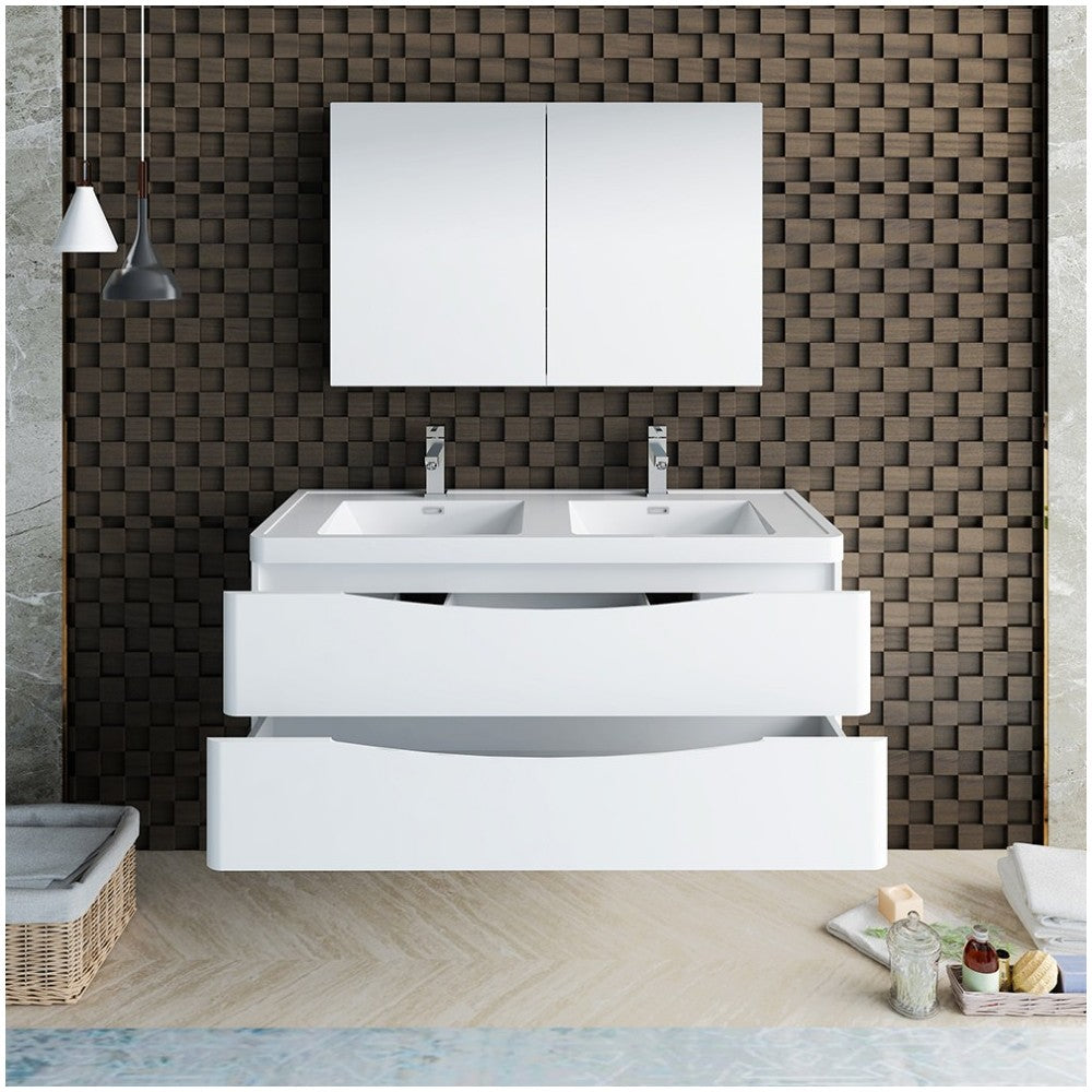 Tuscany 48 White Wall Hung Double Sink Bathroom Vanity w/ Medicine Cabinet