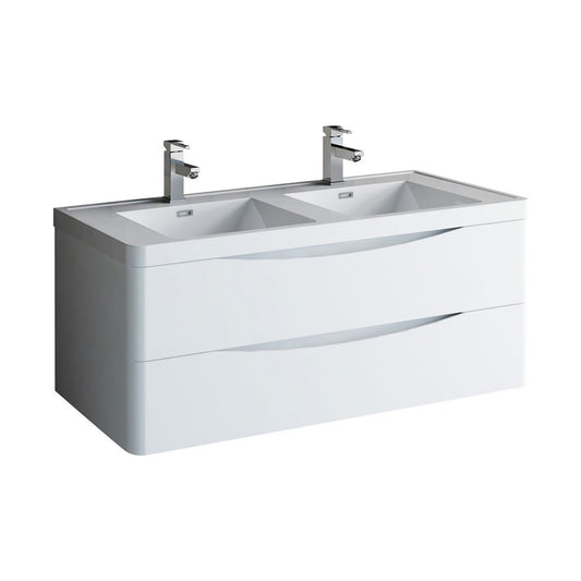 Tuscany 48 White Wall Hung Modern Bathroom Cabinet w/ Integrated Double Sink