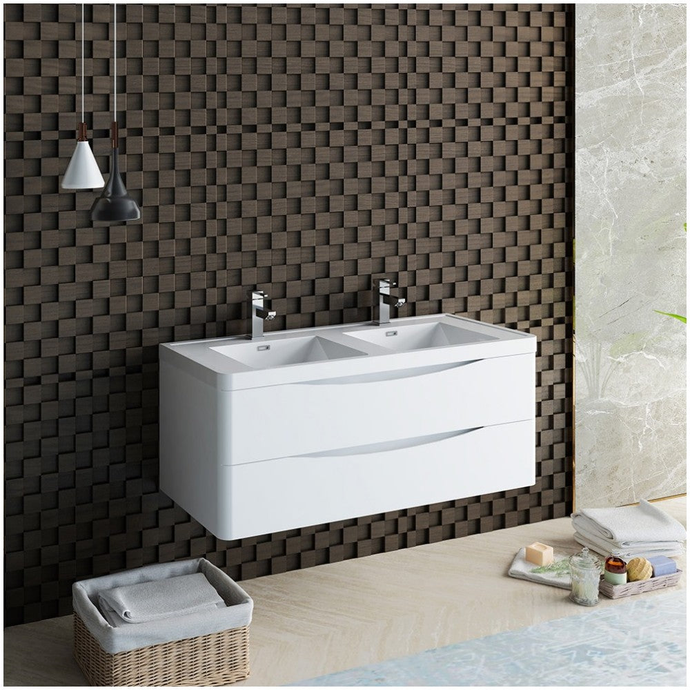 Tuscany 48 White Wall Hung Modern Bathroom Cabinet w/ Integrated Double Sink