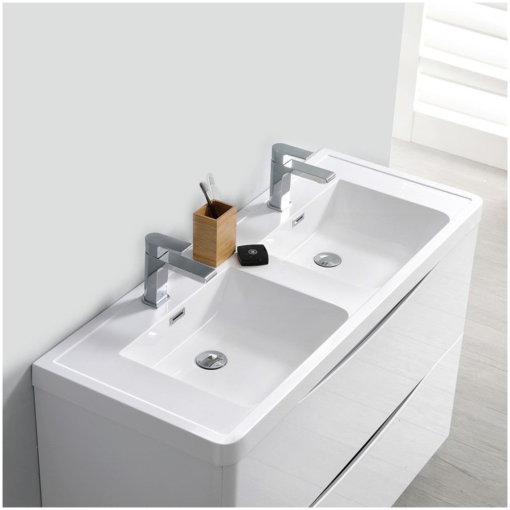 Tuscany 48 White Wall Hung Modern Bathroom Cabinet w/ Integrated Double Sink