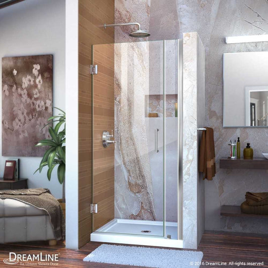 Unidoor 29-30 in. W x 72 in. H Frameless Hinged Shower Door in Chrome