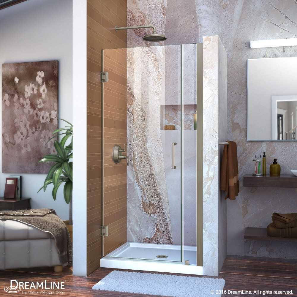Unidoor 30-31 in. W x 72 in. H Frameless Hinged Shower Door in Brushed Nickel