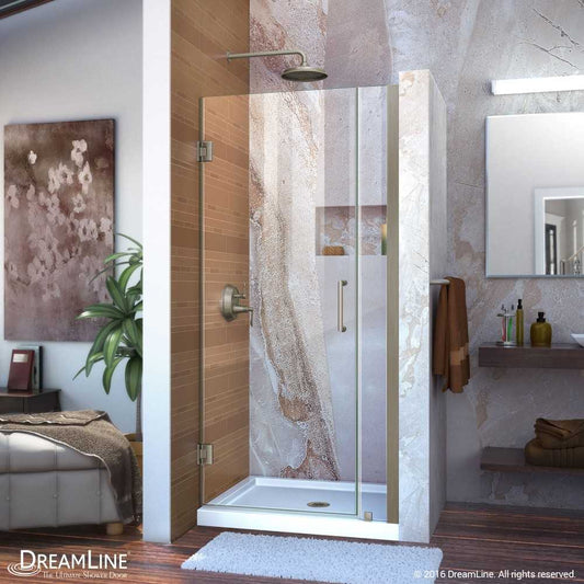 Unidoor 32-33 in. W x 72 in. H Frameless Hinged Shower Door in Brushed Nickel