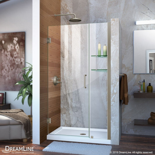 Unidoor 41-42 in. W x 72 in. H Frameless Hinged Shower Door with Shelves in Brushed Nickel