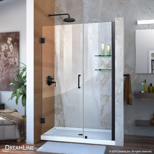 Unidoor 42-43 in. W x 72 in. H Frameless Hinged Shower Door with Shelves in Satin Black