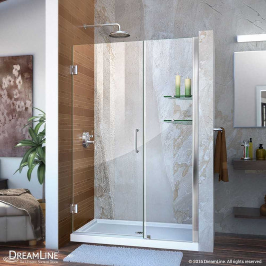 Unidoor 47-48 in. W x 72 in. H Frameless Hinged Shower Door with Shelves in Chrome