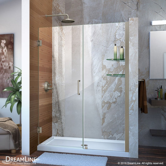 Unidoor 50-51 in. W x 72 in. H Frameless Hinged Shower Door with Shelves in Brushed Nickel