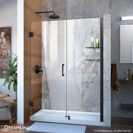 Unidoor 52-53 in. W x 72 in. H Frameless Hinged Shower Door with Shelves in Satin Black