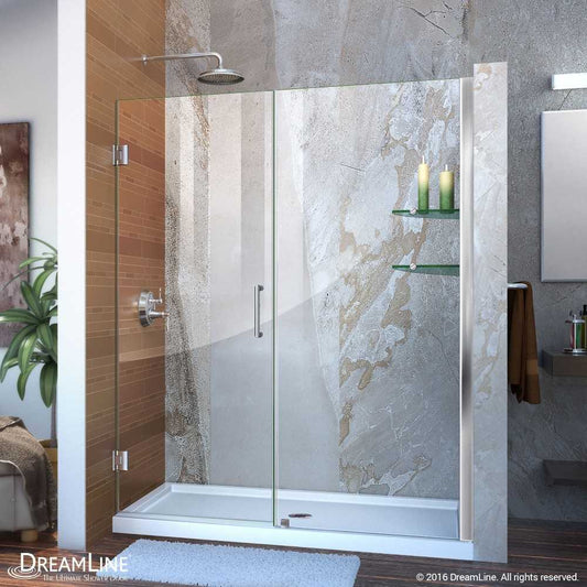 Unidoor 56-57 in. W x 72 in. H Frameless Hinged Shower Door with Shelves in Chrome