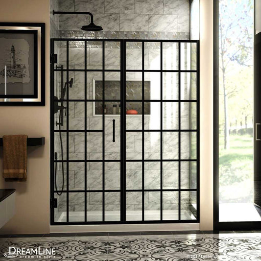Unidoor Toulon 58-58 1/2 in. W x 72 in. H Frameless Hinged Shower Door in Satin Black