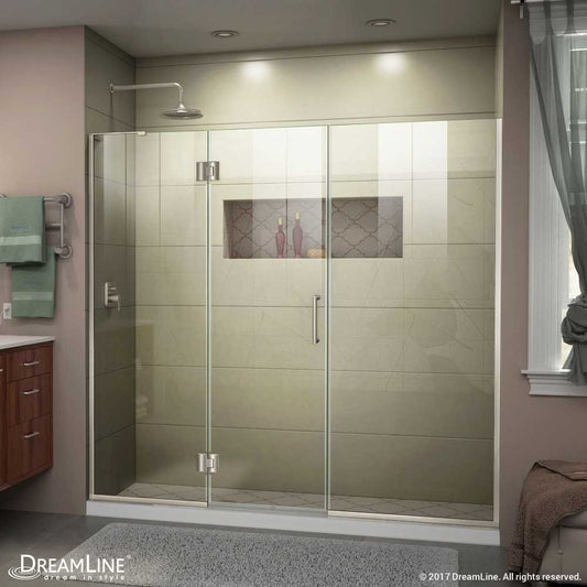 Unidoor-X 66-66 1/2 in. W x 72 in. H Frameless Hinged Shower Door in Brushed Nickel