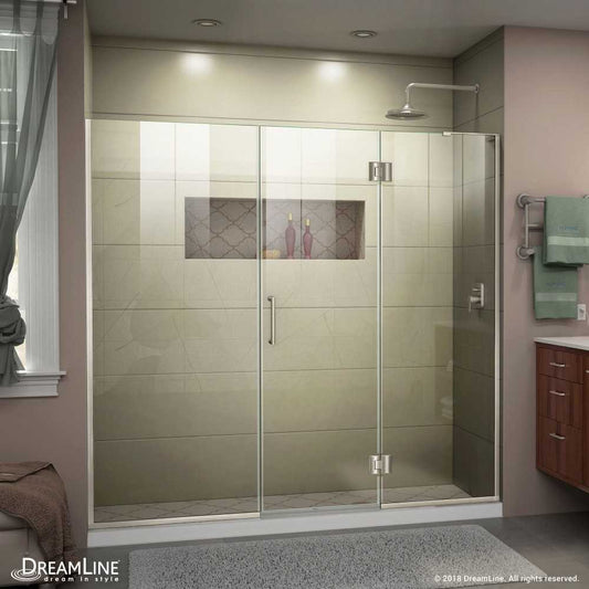 Unidoor-X 66-66 1/2 in. W x 72 in. H Frameless Hinged Shower Door in Brushed Nickel