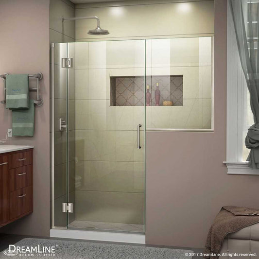 Unidoor-X 68-68 1/2 in. W x 72 in. H Frameless Hinged Shower Door in Brushed Nickel