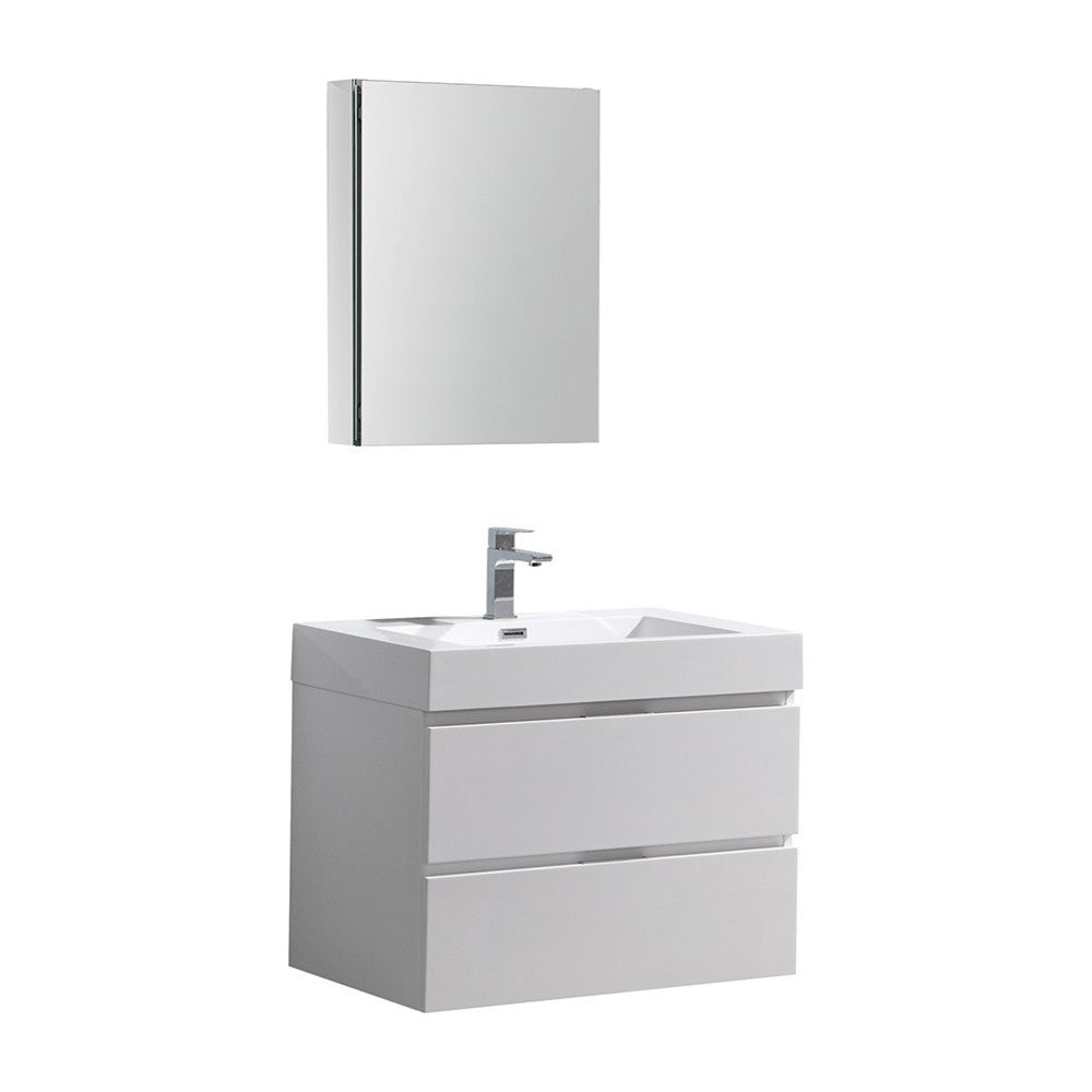 Valencia 30" Glossy White Wall Hung Modern Bathroom Vanity w/ Medicine Cabinet