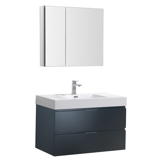 Valencia 36 Dark Slate Gray Wall Hung Modern Bathroom Vanity w/ Medicine Cabinet