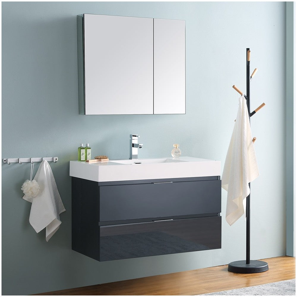 Valencia 36 Dark Slate Gray Wall Hung Modern Bathroom Vanity w/ Medicine Cabinet