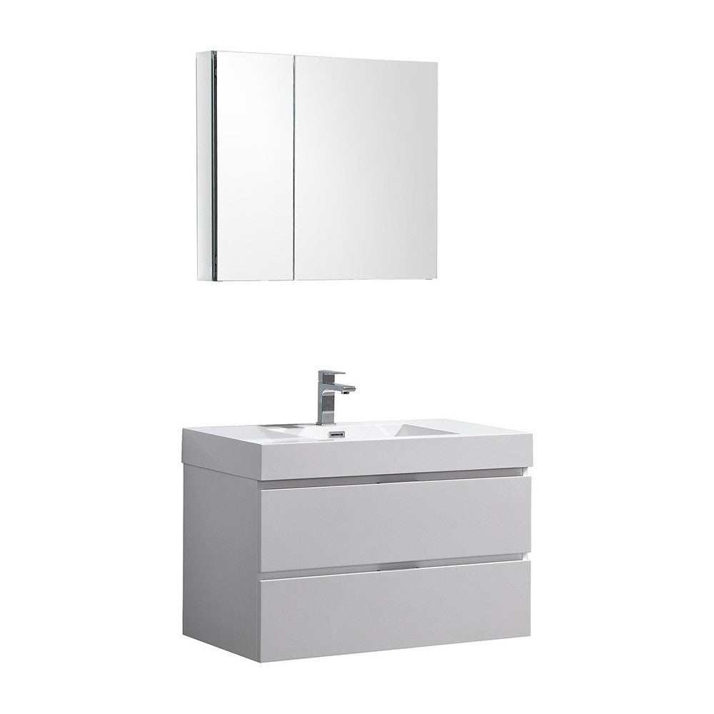 Valencia 36" Glossy White Wall Hung Modern Bathroom Vanity w/ Medicine Cabinet