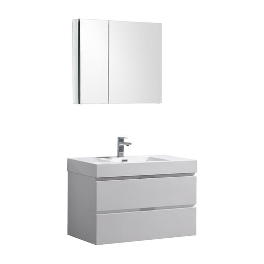 Valencia 36" Glossy White Wall Hung Modern Bathroom Vanity w/ Medicine Cabinet