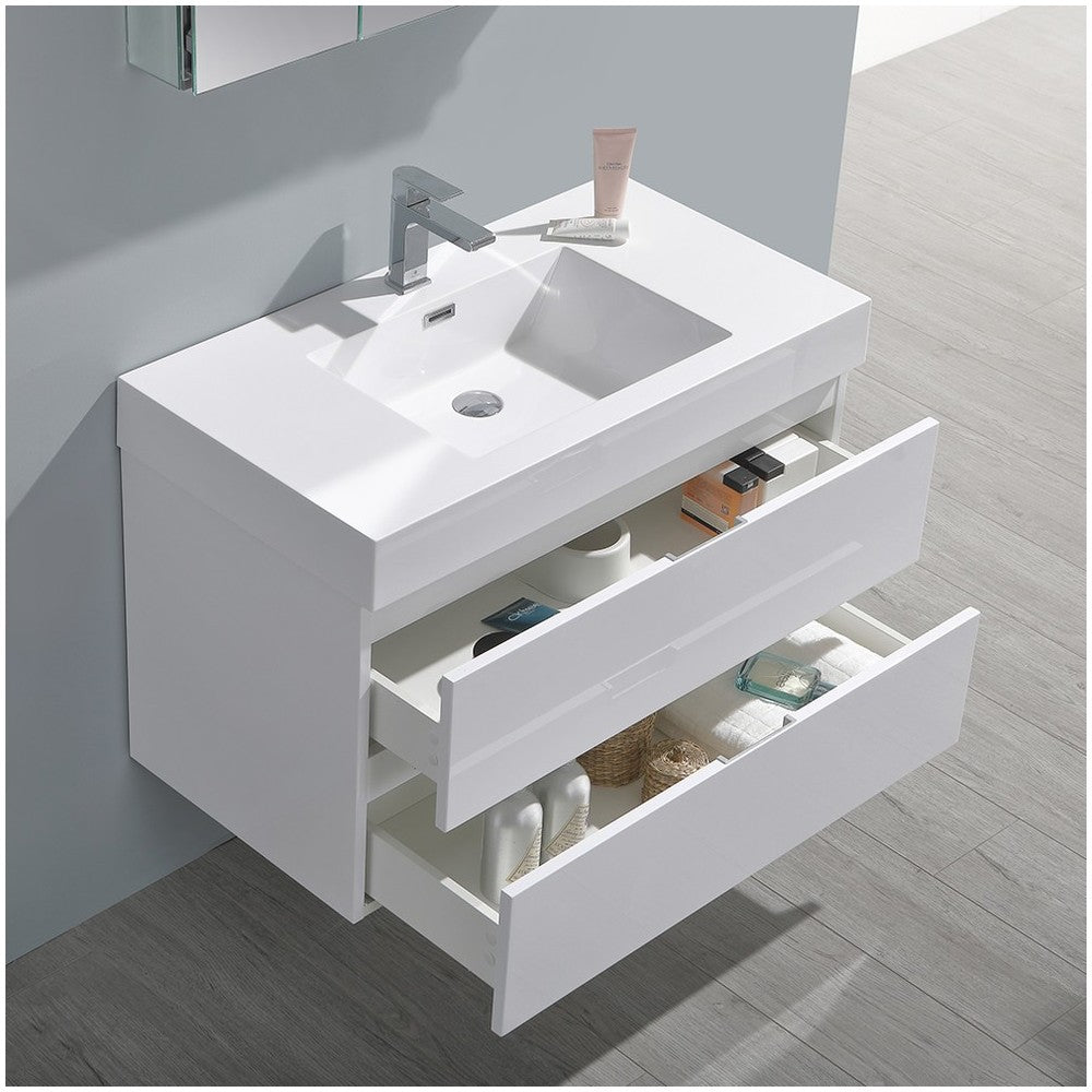 Valencia 36" Glossy White Wall Hung Modern Bathroom Vanity w/ Medicine Cabinet