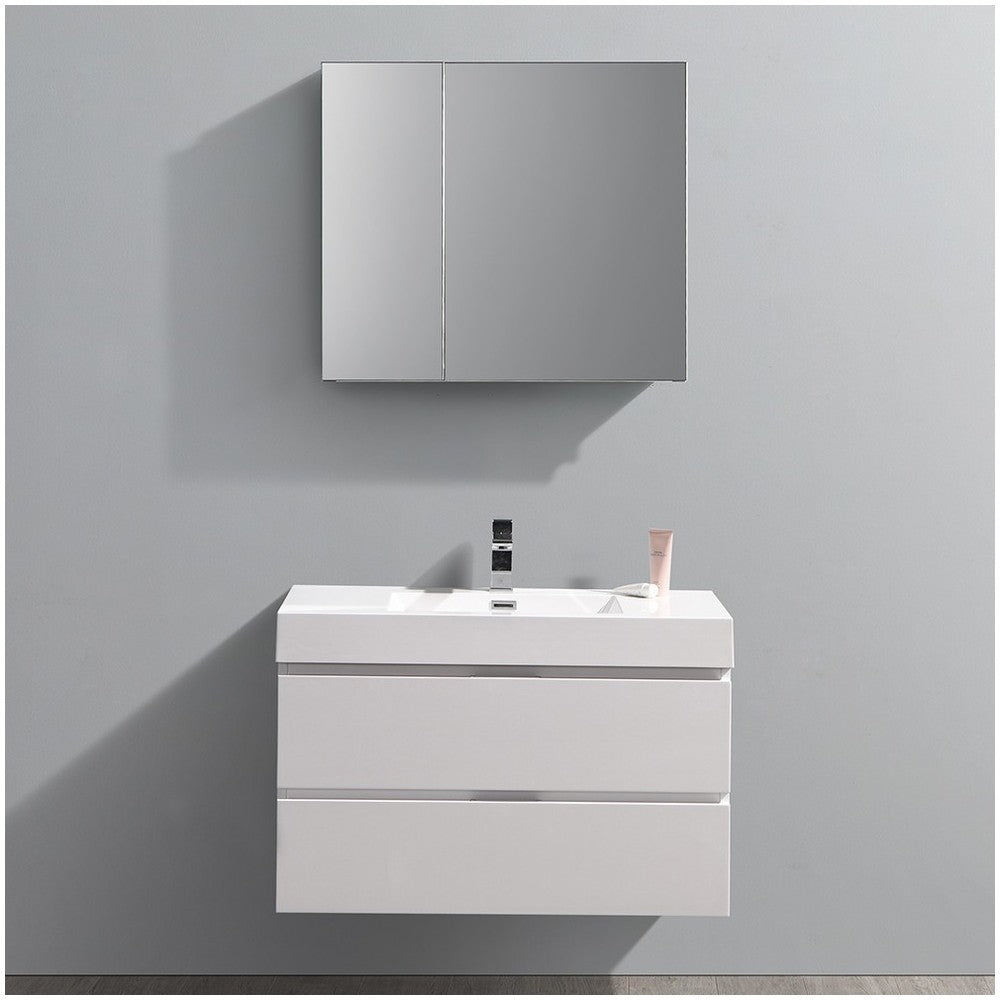 Valencia 36" Glossy White Wall Hung Modern Bathroom Vanity w/ Medicine Cabinet