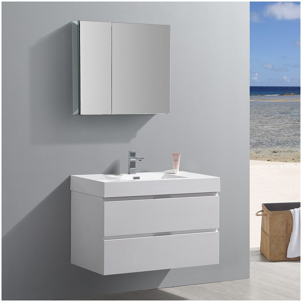 Valencia 36" Glossy White Wall Hung Modern Bathroom Vanity w/ Medicine Cabinet