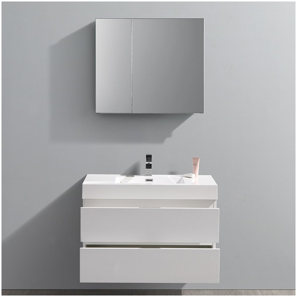 Valencia 36" Glossy White Wall Hung Modern Bathroom Vanity w/ Medicine Cabinet