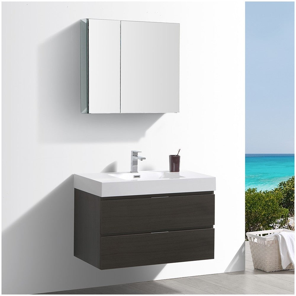 Valencia 36" Gray Oak Wall Hung Modern Bathroom Vanity w/ Medicine Cabinet