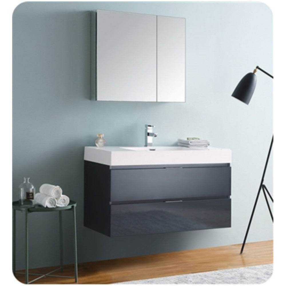 Valencia 40 Dark Slate Gray Wall Hung Modern Bathroom Vanity w/ Medicine Cabinet