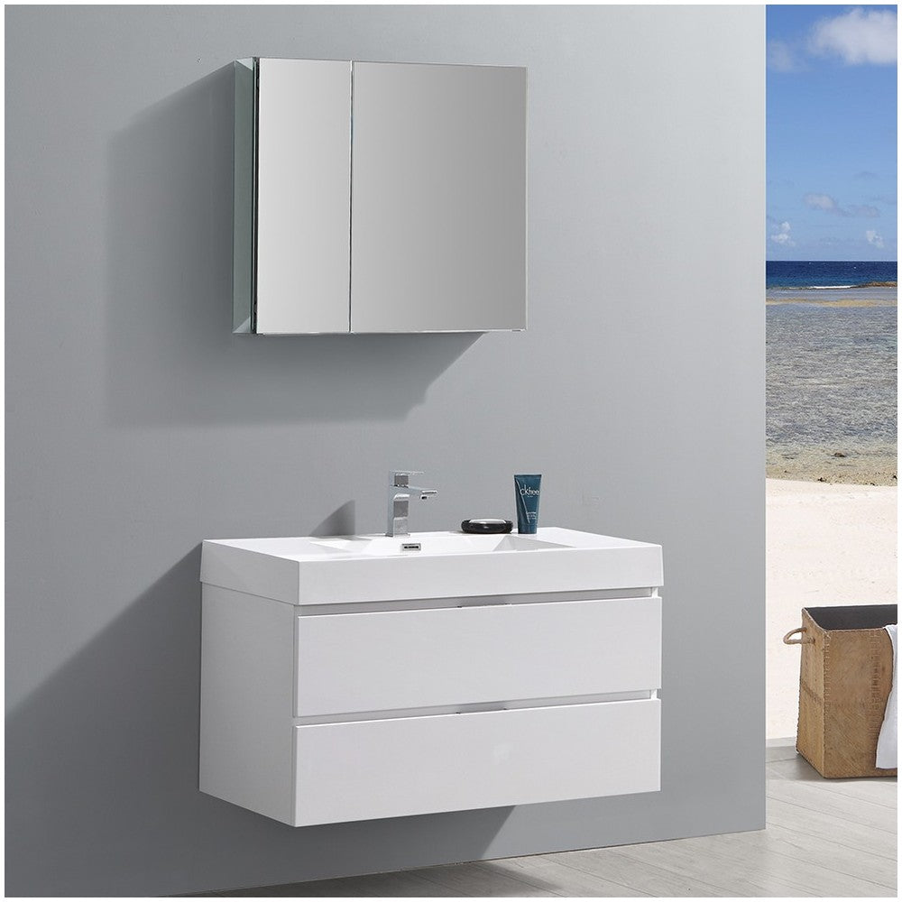 Valencia 40" Glossy White Wall Hung Modern Bathroom Vanity w/ Medicine Cabinet